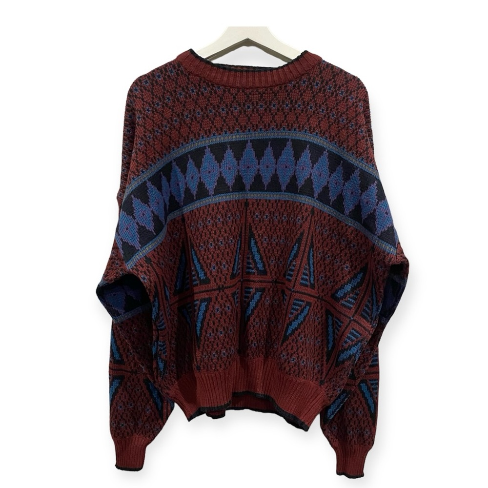 Vintage Mens Sears Geometric Aztec Print Knit Sweater Maroon Blue Black XXL